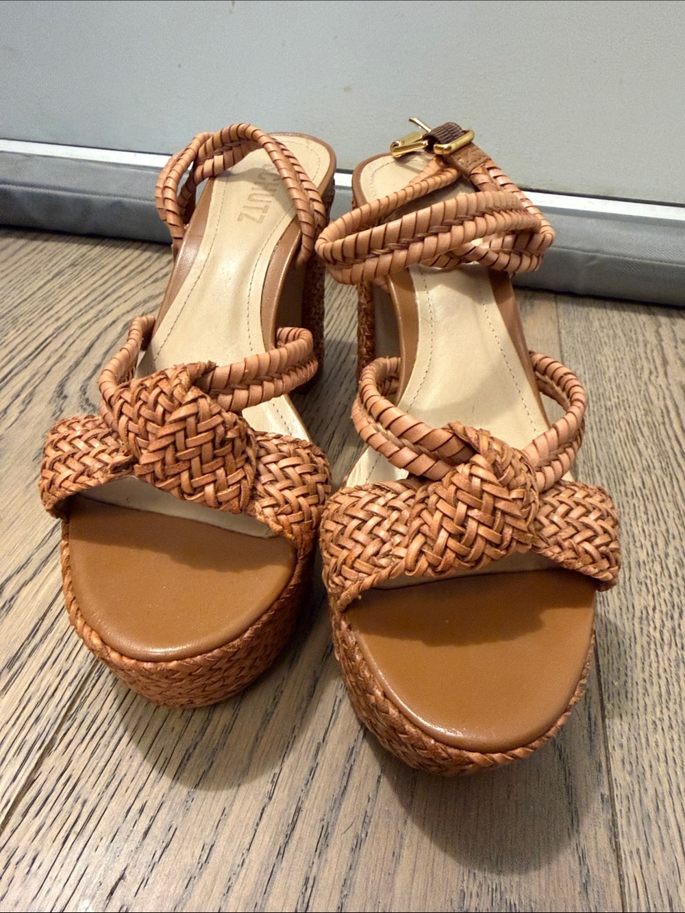 Schutz Braided Tan Wedge Sandals with Ankle Strap - 38
